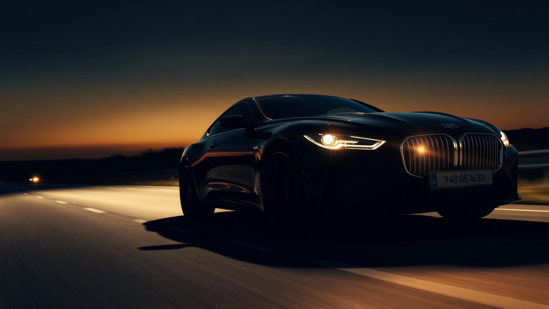 Luxury car driving at dusk with motion blur